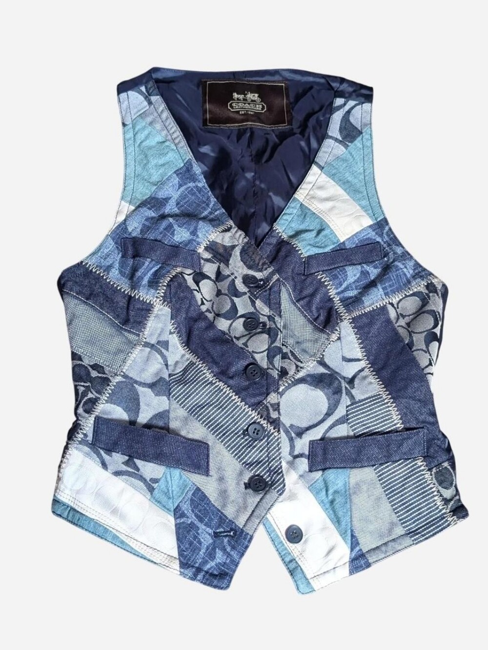 Vintage Coach blue patchwork Quilt vest top Button-up front One Size